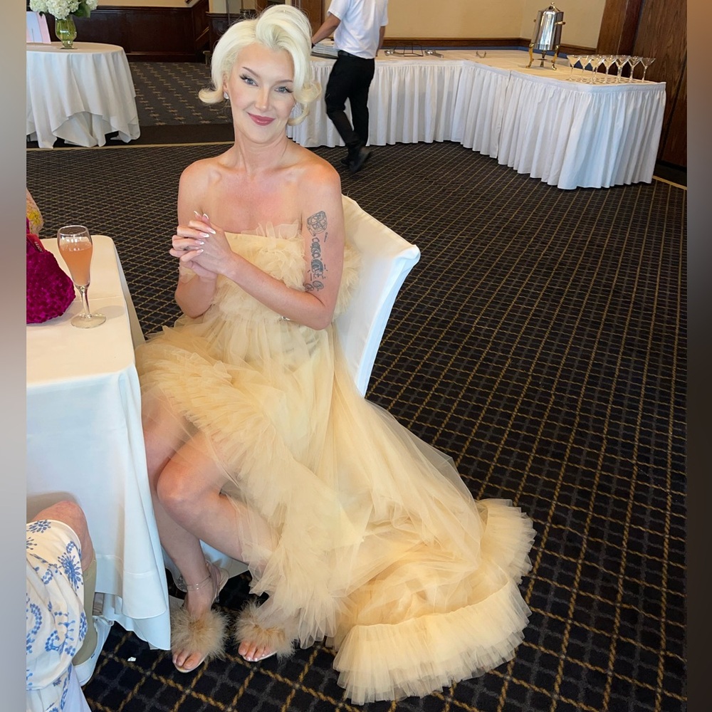 NEW IN BAG Tan Ruffled Gown